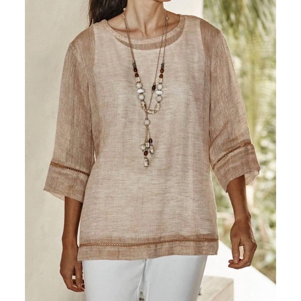 Pure J. Jill Women's Airy Weave Linen Top Size L Brown Sheer Gauze Crochet Trim